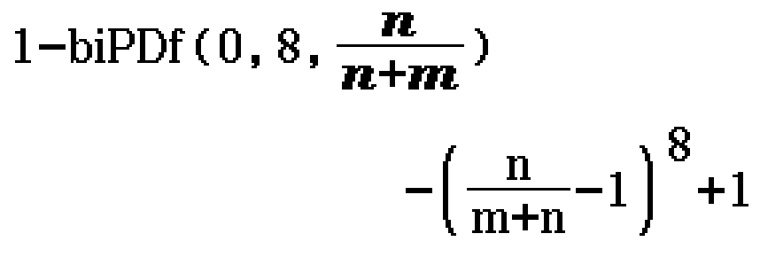 1 - biPDf(0, 8, n(n+m))