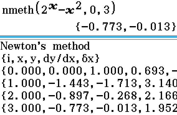 nmeth(2^x-x^2, 0, 3)